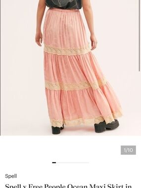 Spell Free People blush pink maxi skirt with cream lace trim